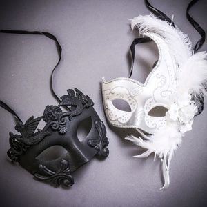 Black Roman Warrior Metallic & White Feather Masks